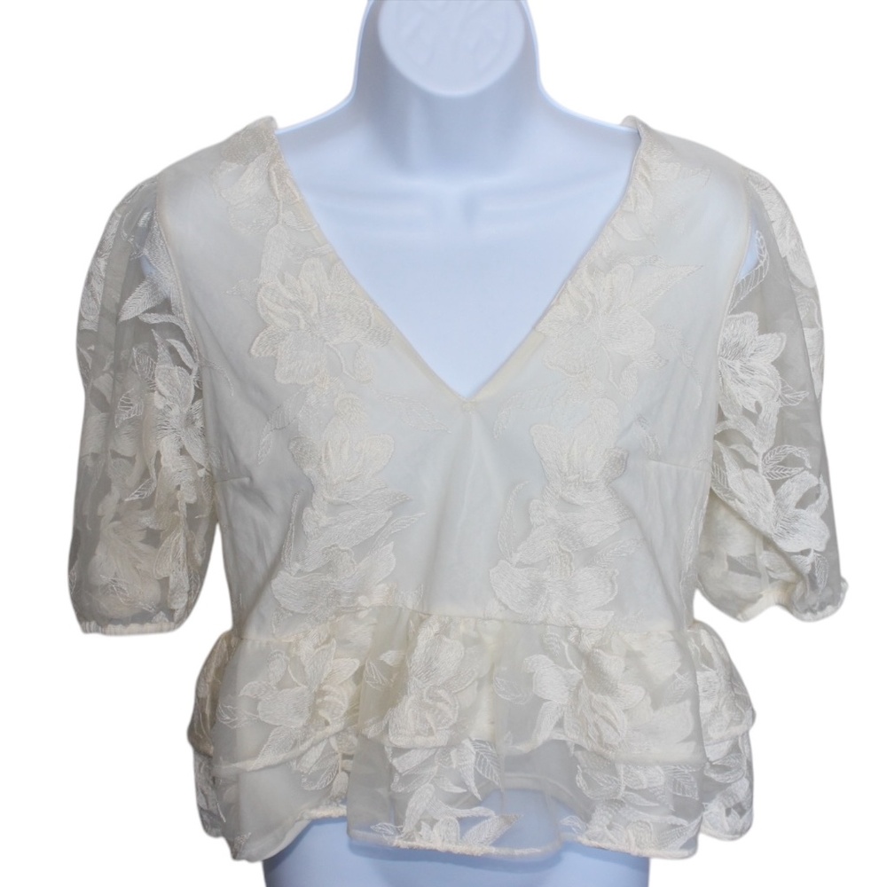 Express Embroidered Lace Puff Sleeve Ruffle Shirt (Antique White) Size M